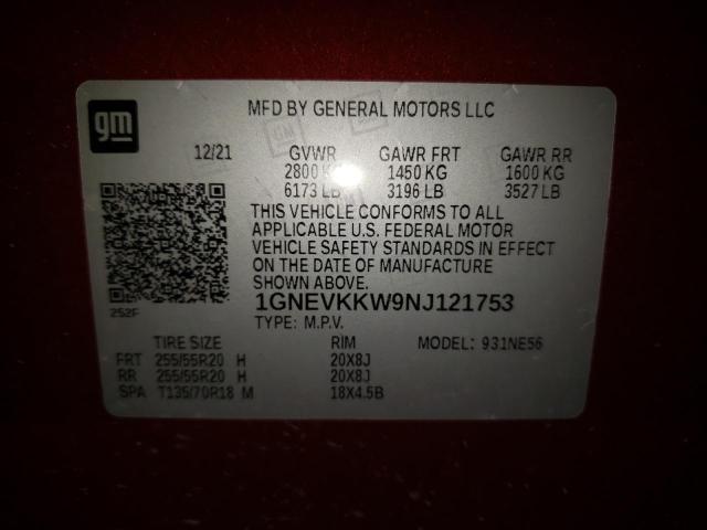 1GNEVKKW9NJ121753 - 2022 CHEVROLET TRAVERSE P RED photo 10