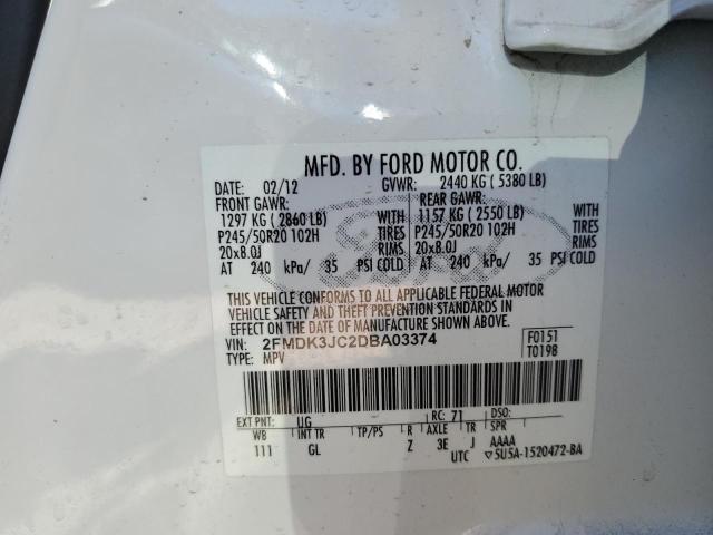 2FMDK3JC2DBA03374 - 2013 FORD EDGE SEL WHITE photo 10