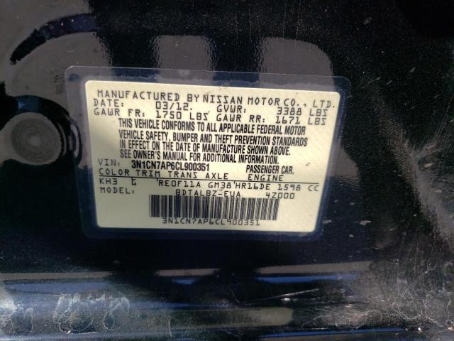 3N1CN7AP6CL900351 - 2012 NISSAN VERSA S BLACK photo 10