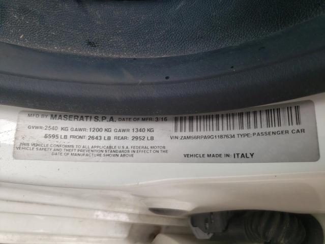 ZAM56RPA9G1187634 - 2016 MASERATI QUATTROPOR WHITE photo 10