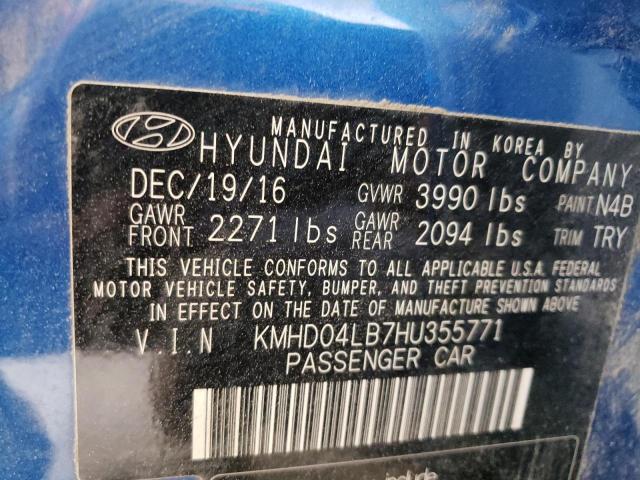 KMHD04LB7HU355771 - 2017 HYUNDAI ELANTRA SP BLUE photo 10