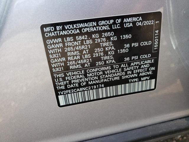 1V2FE2CA8NC219174 - 2022 VOLKSWAGEN ATLAS CROS SILVER photo 10