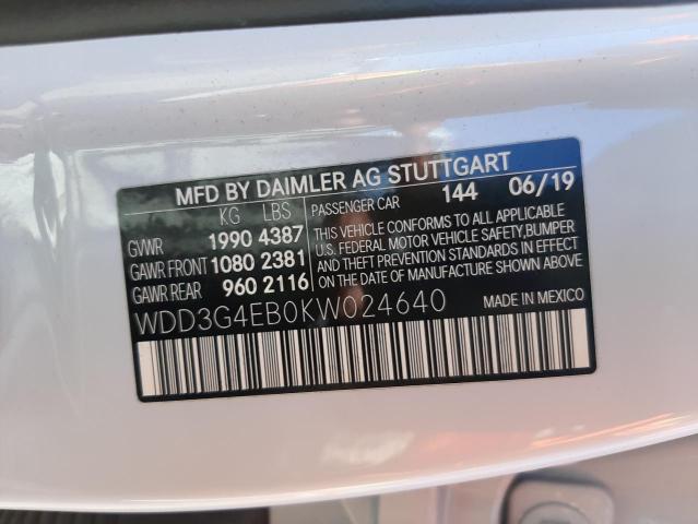 WDD3G4EB0KW024640 - 2019 MERCEDES-BENZ A 220 WHITE photo 10