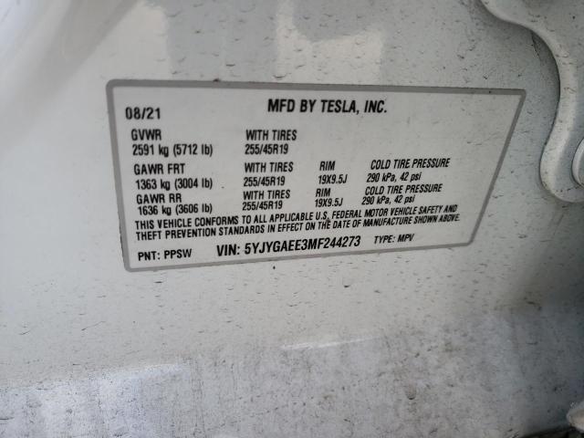 5YJYGAEE3MF244273 - 2021 TESLA MODEL Y أبيض صورة 10