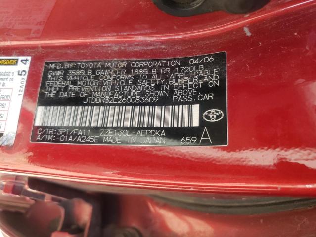 JTDBR32E260083609 - 2006 TOYOTA COROLLA CE RED photo 10