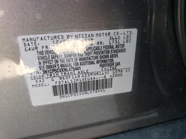 3N1CP5CVXNL475441 - 2022 NISSAN KICKS SV GRAY photo 10