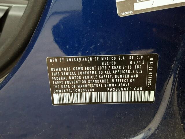 3VW2K7AJ1CM395209 - 2012 VOLKSWAGEN JETTA BASE 蓝色 照片 10