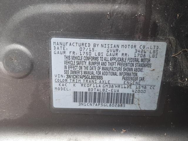 3N1CN7AP5GL802885 - 2016 NISSAN VERSA S GRAY photo 10