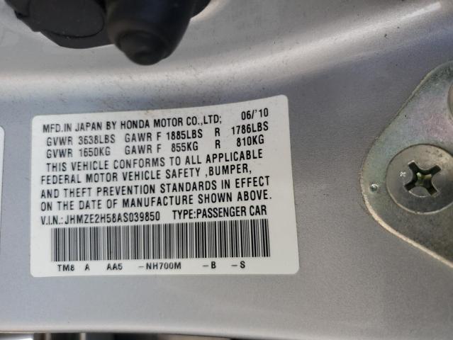 JHMZE2H58AS039850 - 2010 HONDA INSIGHT LX SILVER photo 10