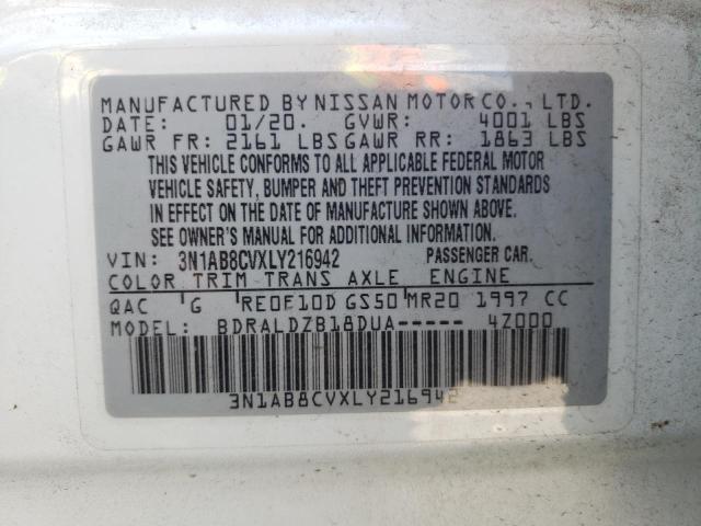 3N1AB8CVXLY216942 - 2020 NISSAN SENTRA SV WHITE photo 10