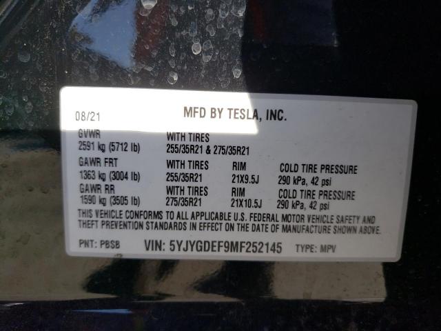 5YJYGDEF9MF252145 - 2021 TESLA MODEL Y أسود صورة 10