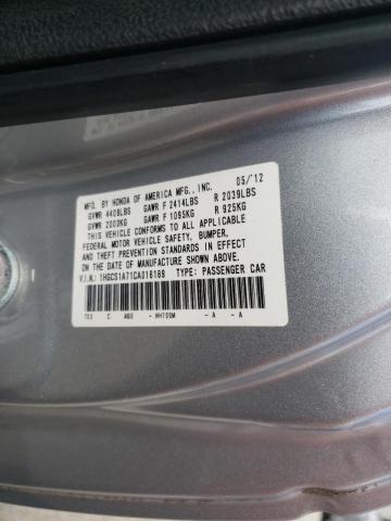 1HGCS1A71CA018189 - 2012 HONDA ACCORD EX SILVER photo 10