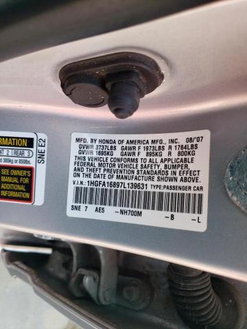 1HGFA16897L139631 - 2007 HONDA CIVIC EX SILVER photo 10