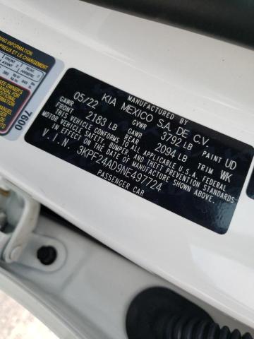 3KPF24AD9NE497724 - 2022 KIA FORTE FE WHITE photo 10