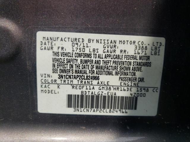 3N1CN7AP2CL824966 - 2012 NISSAN VERSA S GRAY photo 10