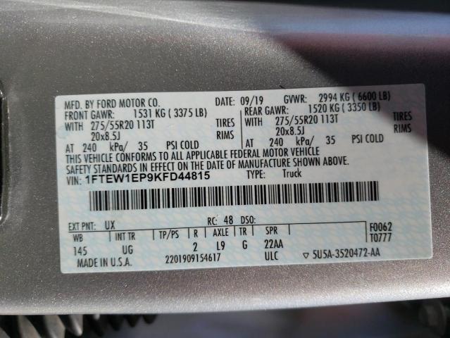 1FTEW1EP9KFD44815 - 2019 FORD F150 4WD SILVER photo 10