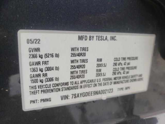 7SAYGDEE9NA002123 - 2022 TESLA MODEL Y فحمي صورة 10