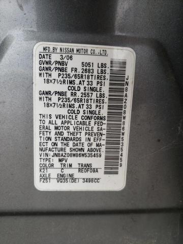 JN8AZ08W86W535459 - 2006 NISSAN MURANO SL GRAY photo 10