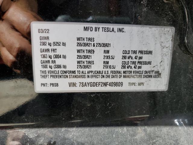 7SAYGDEF2NF409809 - 2022 TESLA MODEL Y Черный фото 10