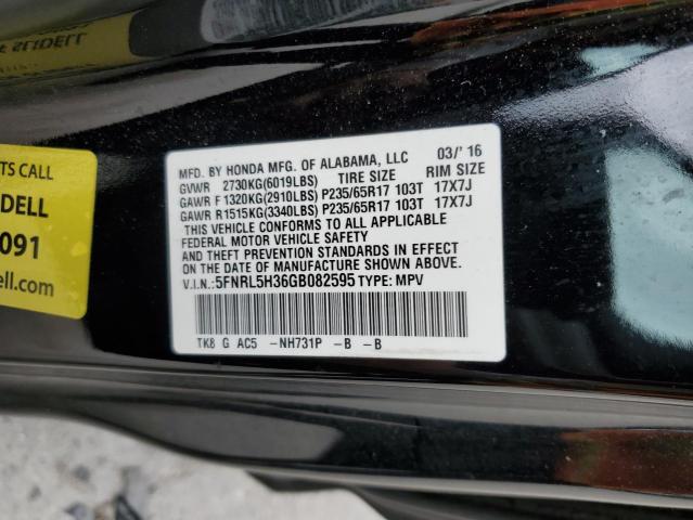 5FNRL5H36GB082595 - 2016 HONDA ODYSSEY SE BLACK photo 10