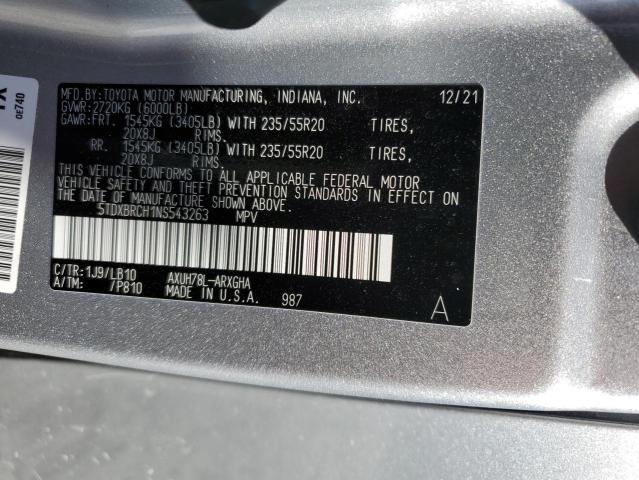 5TDXBRCH1NS543263 - 2022 TOYOTA HIGHLANDER SILVER photo 10