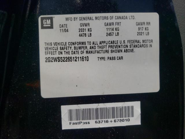 2G2WS522651211610 - 2005 PONTIAC GRAND PRIX Սև լուսանկար 10