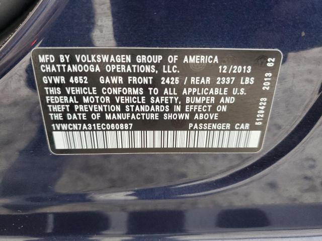 1VWCN7A31EC060887 - 2014 VOLKSWAGEN PASSAT SEL BLUE photo 10