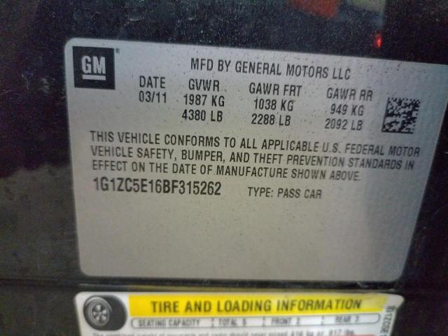 1G1ZC5E16BF315262 - 2011 CHEVROLET MALIBU 1LT 黑色 照片 10