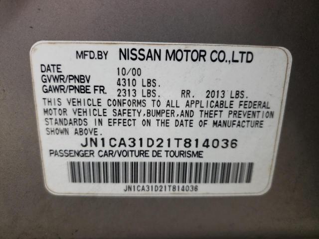 JN1CA31D21T814036 - 2001 NISSAN MAXIMA GXE SILVER photo 10