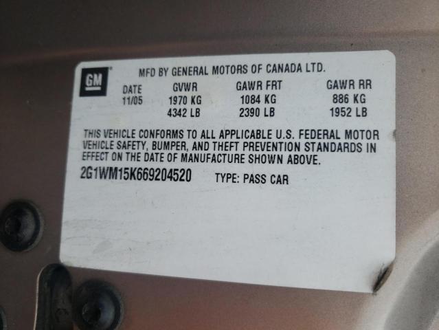 2G1WM15K669204520 - 2006 CHEVROLET MONTE CARL თაფლისფერი ფოტო 10