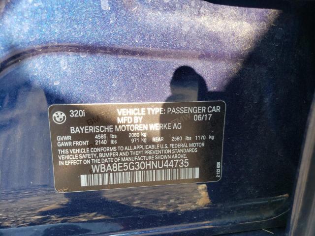 WBA8E5G30HNU44735 - 2017 BMW 320 XI BLUE photo 10