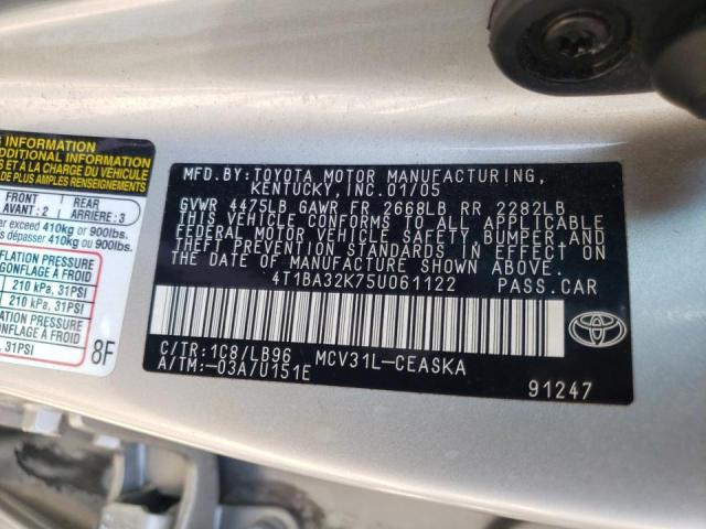 4T1BA32K75U061122 - 2005 TOYOTA CAMRY SE SILVER photo 10