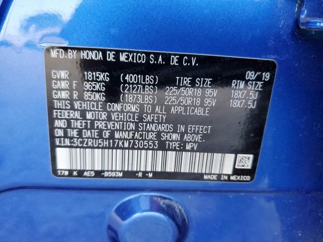 3CZRU5H17KM730553 - 2019 HONDA HR-V SPORT BLUE photo 10