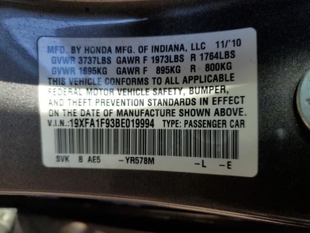 19XFA1F93BE019994 - 2011 HONDA CIVIC EXL Qəhvəyi foto 10