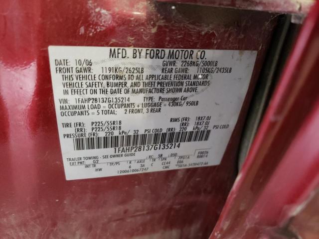 1FAHP28137G135214 - 2007 FORD FIVE HUNDR RED photo 10