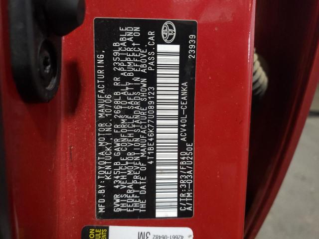 4T1BE46K77U089123 - 2007 TOYOTA CAMRY CE RED photo 10