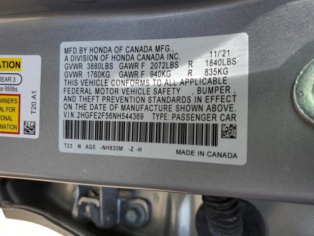 2HGFE2F56NH544369 - 2022 HONDA CIVIC SPOR SILVER photo 10