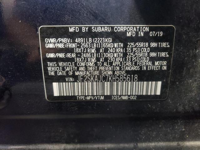 JF2SKAJC7KH585618 - 2019 SUBARU FORESTER S BLUE photo 10