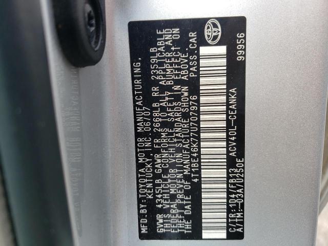 4T1BE46K77U707976 - 2007 TOYOTA CAMRY CE SILVER photo 10