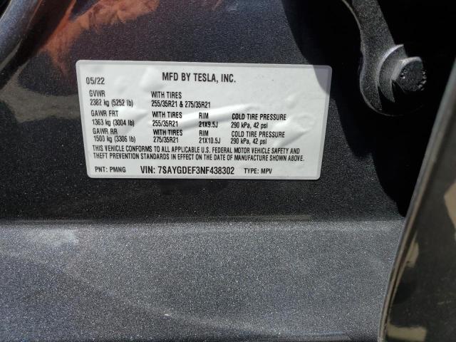 7SAYGDEF3NF438302 - 2022 TESLA MODEL Y رمادي صورة 10