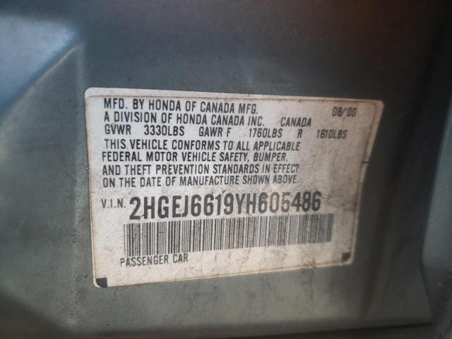 2HGEJ6619YH605486 - 2000 HONDA CIVIC BASE BLUE photo 10