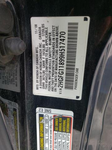 2HGFG11899H517470 - 2009 HONDA CIVIC EX BLACK photo 10