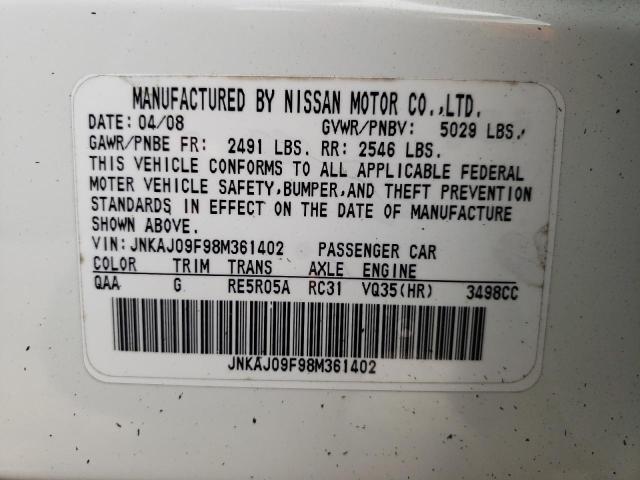 JNKAJ09F98M361402 - 2008 INFINITI EX35 BASE WHITE photo 10