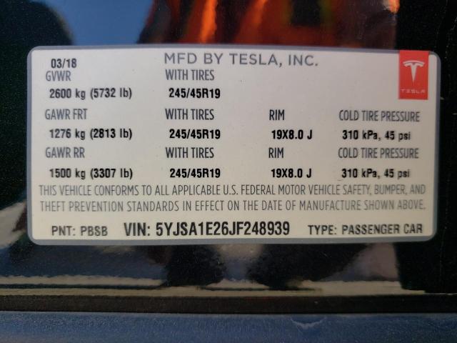5YJSA1E26JF248939 - 2018 TESLA MODEL S Սև լուսանկար 10