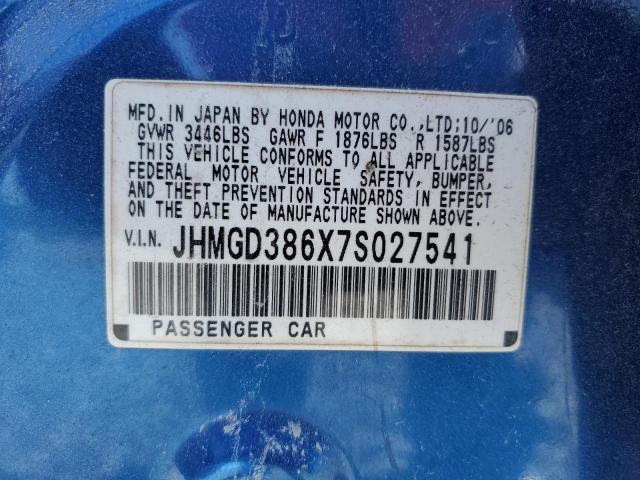 JHMGD386X7S027541 - 2007 HONDA FIT S 蓝色 照片 10