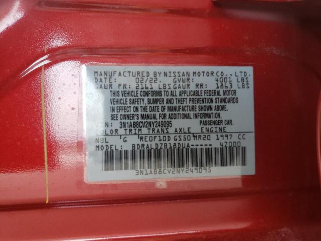 3N1AB8CV2NY249095 - 2022 NISSAN SENTRA SV RED photo 10