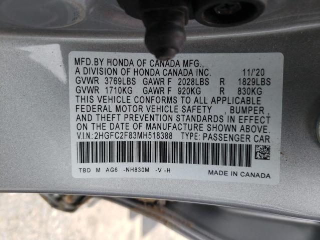 2HGFC2F83MH518388 - 2021 HONDA CIVIC SPOR SILVER photo 10