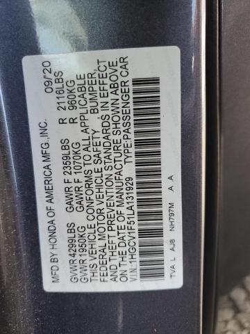 1HGCV1F51LA131929 - 2020 HONDA ACCORD EXL GRAY photo 10