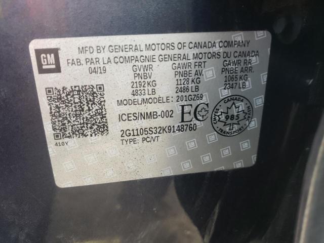 2G1105S32K9148760 - 2019 CHEVROLET IMPALA PRE ლურჯი ფოტო 10