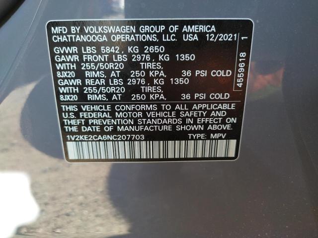 1V2KE2CA6NC207703 - 2022 VOLKSWAGEN ATLAS CROS Графитовый фото 10